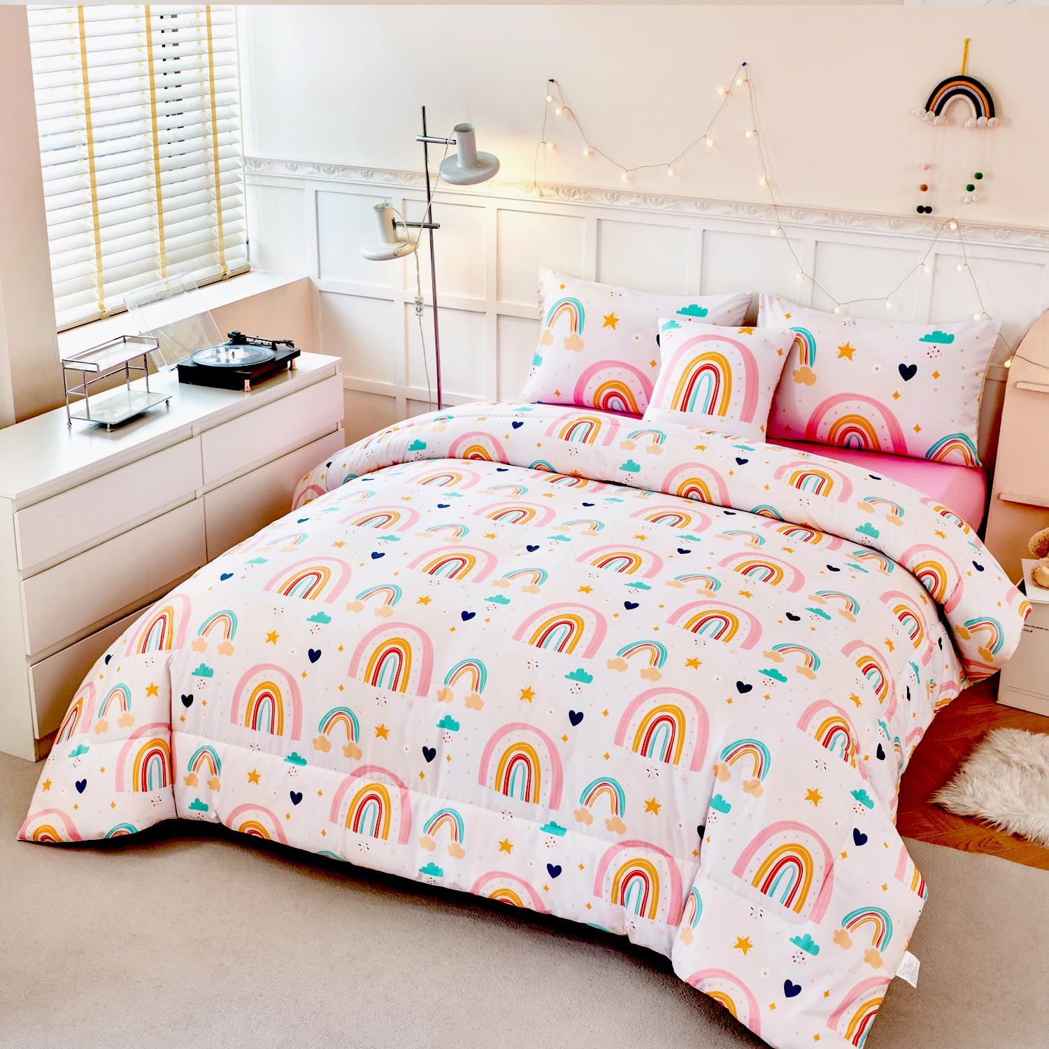 Photo 1 of ANGIYUIN 6 Pieces Multi-Color Rainbow Full Bedding Set for Girls Kids Cute Cloud and Love Hearts Girls Comforter Set Soft Microfiber Kid Bed in a Bag with Comforter, Sheets, Pillowcases