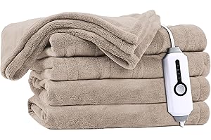 DUODUO Heated Blanket 62x84'' Twin Size with 4 Heating Levels 10 Hours Auto-Off Electric Throw in Cozy Plush Fabric Reversible for Home Bedding Couch-Beige
