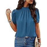 BTFBM Women Blouses 2026 Dressy Casual Summer Tops Mock Neck Lace Trim Short Sleeve Business Work Shirts Spring Clothes