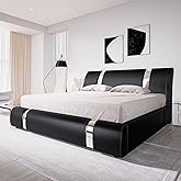 Allewie King Size Bed Frame with Iron Piece Decor, Faux Leather Upholstered Platform Bed with Curved Adjustable Headboard, Wo