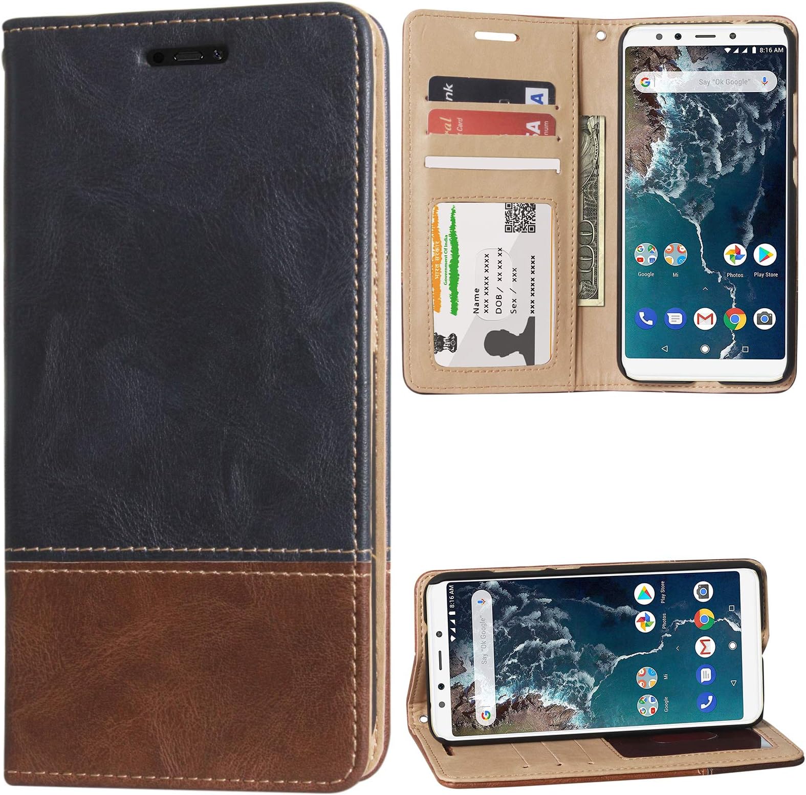 TecKraft MiA2NwLthrLLIDCB_TK PU Leather Wallet Case Flip Cover for Mi A2 (Latchless ID Blue)