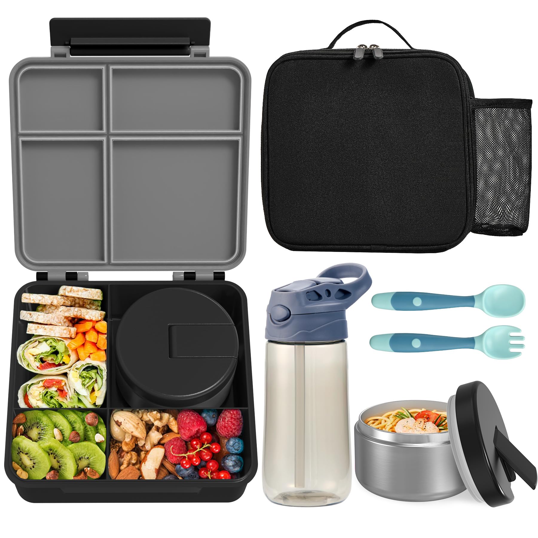 Photo 1 of Kids Bento Lunch Box with 8oz Soup Thermo, Water Bottle, Kids Leakproof Lunch Food Containers with 4 Compartment, Insulated Hot Food Jar with Lunch Bag for School, Trvael (Black)