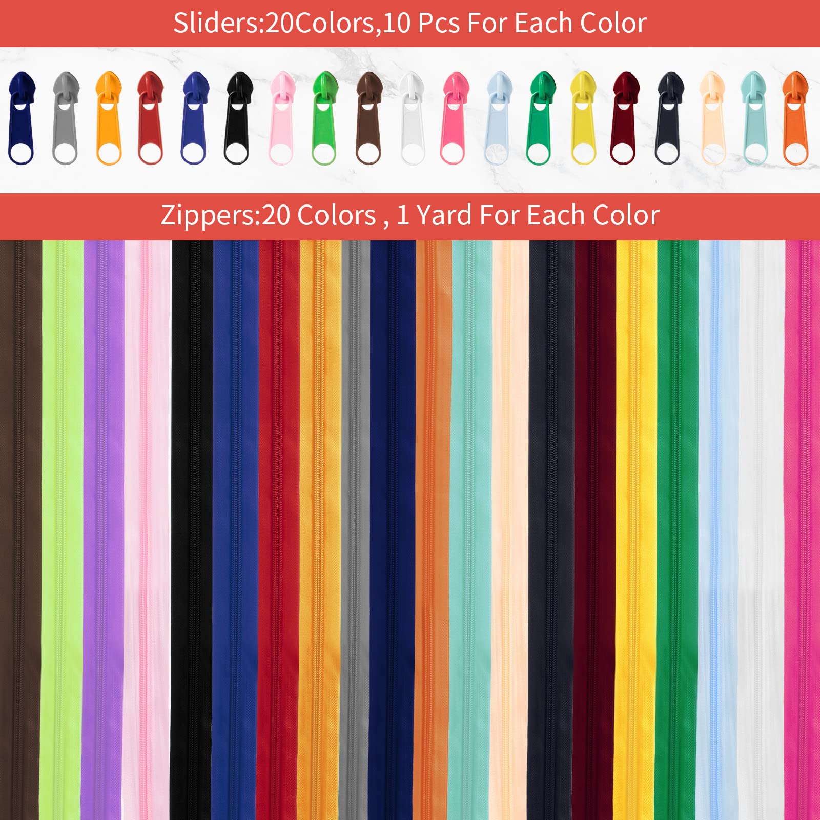 WILLBOND 60 Yards 20 Pcs Sewing Zippers Bulk #5 Nylon Coil Zippers 20 Color Assorted Zipper for Sewing with 200 Zipper Sliders for DIY Tailor Bags Purses Crafts Supplies (Various Color)