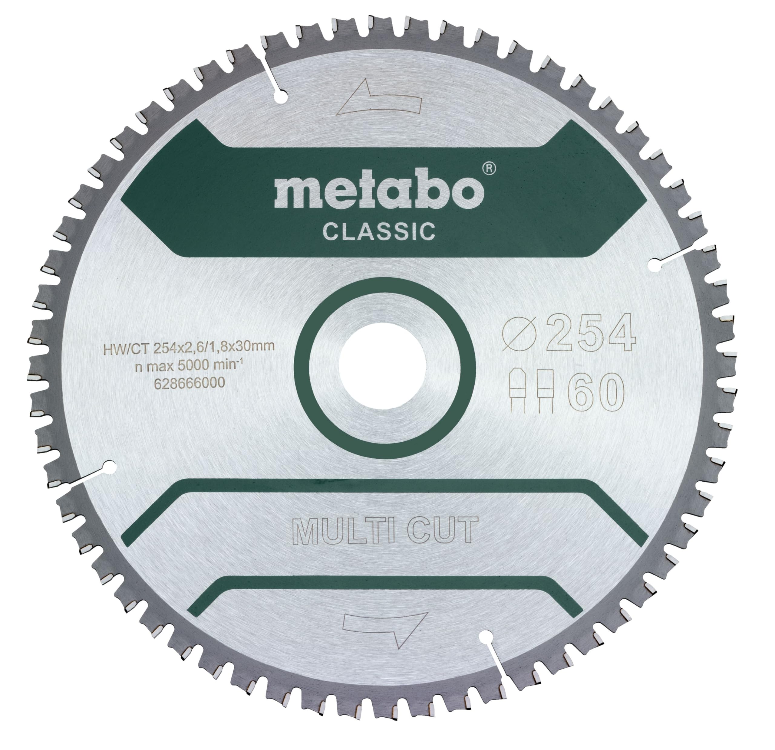 Metabo Saw Blade Multi Cut Classic 254 x 2.6/1.8 x 30 Z60 FZ/TZ 5° Neg (628285000) Diameter x Cutting Width x Bore: 254 x 2.6 x 30 mm, Material: HW/CT, Number of Teeth: 60