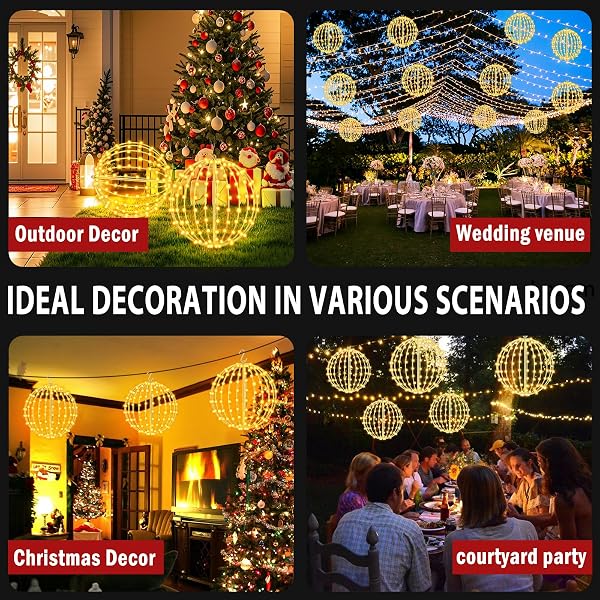 ANGAR 4 PACK 16″ CHRISTMAS BALL LIGHTS OUTDOOR/INDOOR, FOLDABLE LARGE LIGHTED LED SPHERE FOR TREES, HANGING LIGHTS WITH HOOK, HOLIDAY DECOR, GARDEN, PATIO, WEDDING
