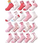 Fourluoo 20 Pairs Girls Socks Bulk Toddler Girl Cotton Kids Strawberry Flower Crew Cute Socks for Little Girls