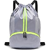 LOKAPEGY Drawstring Gym Bag for Men, Waterproof Drawstring Backpack for Women, Swim with Shoes Compartment, Pull String Sport Bag for Soccer and Basketball. (Grey)