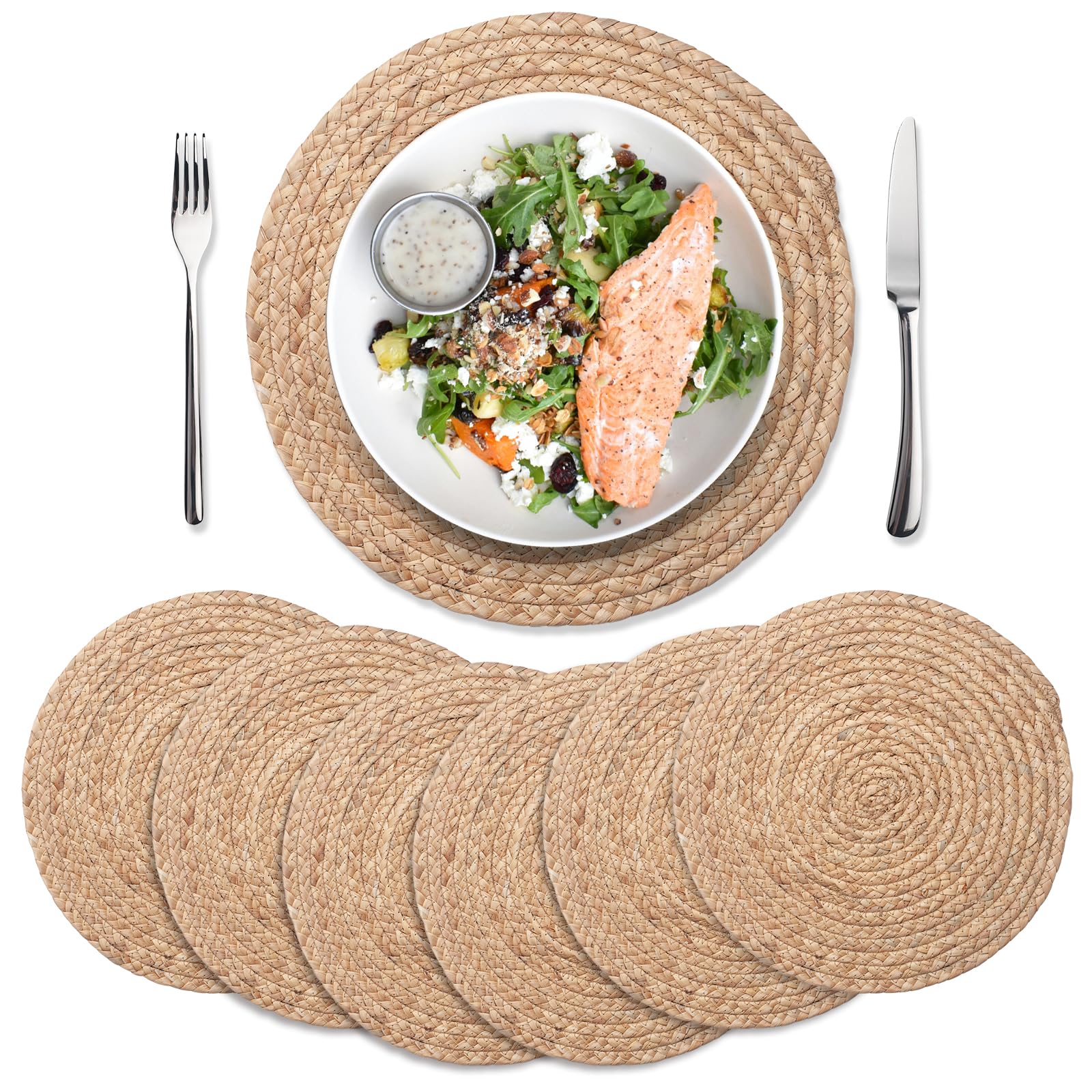 Photo 1 of Round Placemats Set of 6, 13.8" Woven Placemats, Rattan Placemats for Dining Table, Boho Wicker Chargers Plates for Home, Party, Wedding, Thanksgiving and Christmas