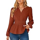 Simplee Womens Blouses Long Sleeve Peplum Boho Tops Fall Dressy Casual V Neck Swiss Dot Babydoll Tops Fashion Shirts
