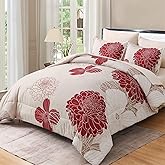 Yiran 7 Pieces Queen Comforter Set Red Floral Bed in a Bag Soft Microfiber Bedding Set 90"×90"(1 Comforter 1 Flat Sheet 1 Fitted Sheet 2 Pillowshams 2 Pillowcases)