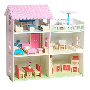 Wufiy Wooden Doll House Set - Fully Furnished with Furnitures | Pretend Play Toy