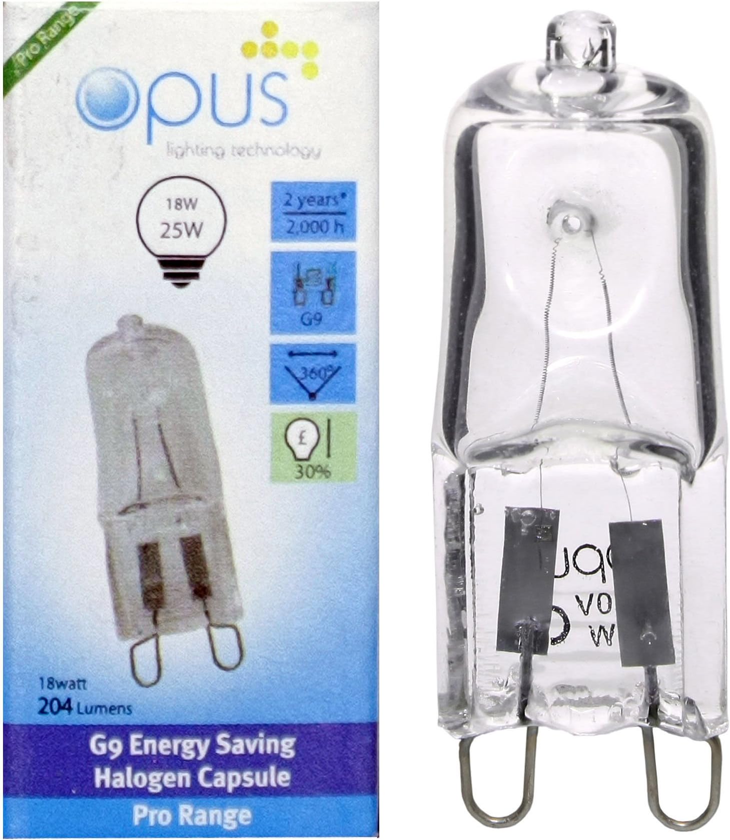 5 x Opus G9 18w = 25w 240v Mains Clear Long Life Eco Halogen Energy Saving Capsule Lamps Dimmable Light Bulbs Pack