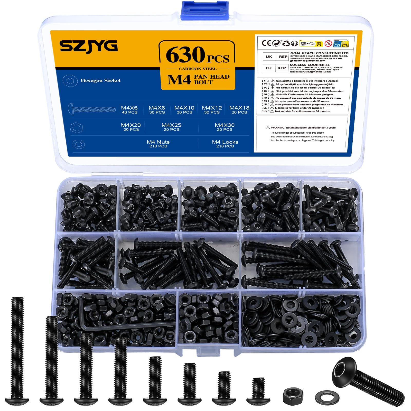 630 Pcs M4 Nuts and Bolts Set, Hex Socket Button Head Cap Screws, Round Head Hex Socket Machine Bolts and Nuts and Washers Assortment Kit, Carbon Steel, Black