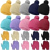 JaGely Kids Beanie and Glove Set Winter Snow Warm Hat and Gloves Unisex Knit Hat with Pompom Full Fingers Ski for Boys Girls