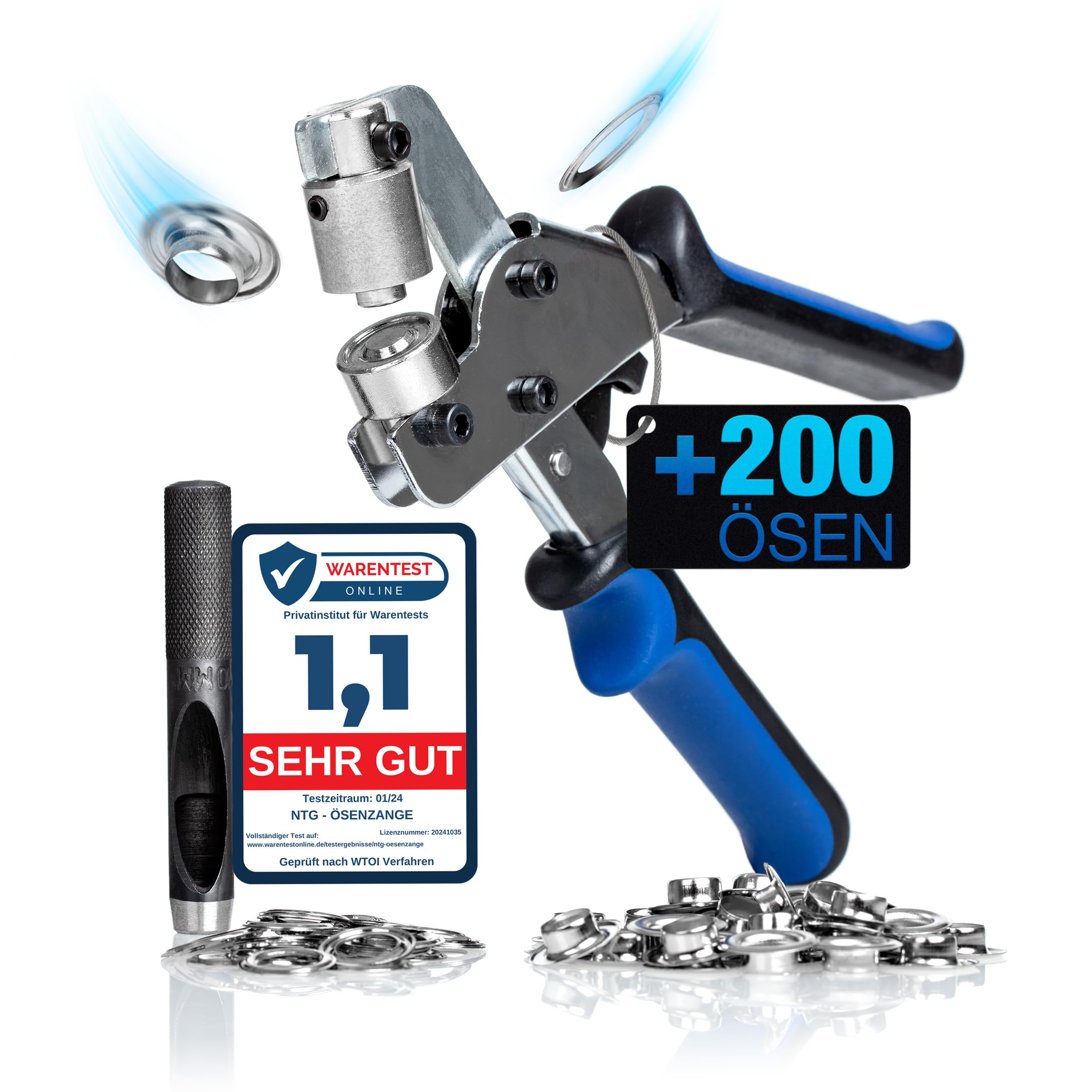 NTG Eyelet Pliers Set (Diameter 10 mm) | Magnetic Eyelet Press Made of Hardened Steel | Includes 200 Eyelets (Eyelet Pliers + 200 Eyelets) Eyelet Punch for Fabrics, Tarpaulins and Sun Sails