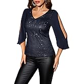 Dressystar Elegant Sequin Tops for Women, V-Neck Long Split Sleeve Blouses for Evening Party, Dressy and Sparkly Bling Shirt
