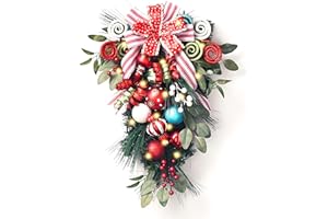 Valery Madelyn Pre-Lit Christmas Teardrop Swag for Decorating Outdoor, 24 Inch Elf Red Green Mailbox Swag Decoration with 20 LED Lights, Ball Ornaments for Front Door Stairway Window Shelf Xmas Decor