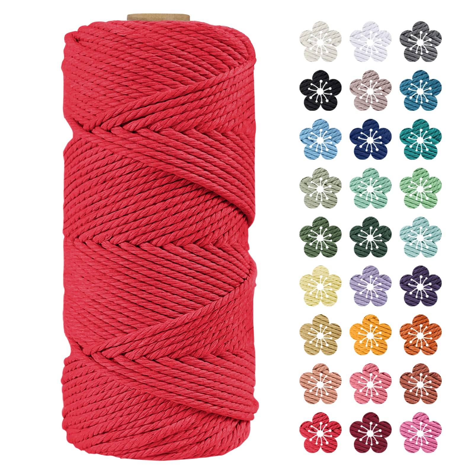 LEREATI Macrame Cord 4mm x 100m, Thick Macrame Rope Natural Cotton Rope Craft String, 4 Strand Twisted Cotton Cord Yarn for DIY Plant Hanger, Wall Hanging, Christmas Decoration (Red)