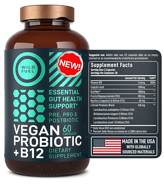 VEGAN PROBIOTIC PLUS B12-22 BILLION CFU SYNBIOTICS PREBIOTICS AND PROBIOTICS FOR DIGESTIVE HEALTH, IBS, MOOD SUPPORT – B12 WITH FOS PRE PRO POST BIOTICS FOR WOMEN & MEN – 60 GLUTEN-FREE CAPSULES
