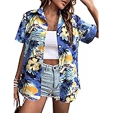 Hawaiian Shirts Women Hawaii Tshirt Cool Floral Tropic Print Graphic Tees Tops Button Up Summer Vacation Shirt