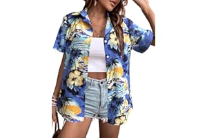 Hawaiian Shirts Women Hawaii Tshirt Cool Floral Tropic Print Graphic Tees Tops Button Up Summer Vacation Shirt