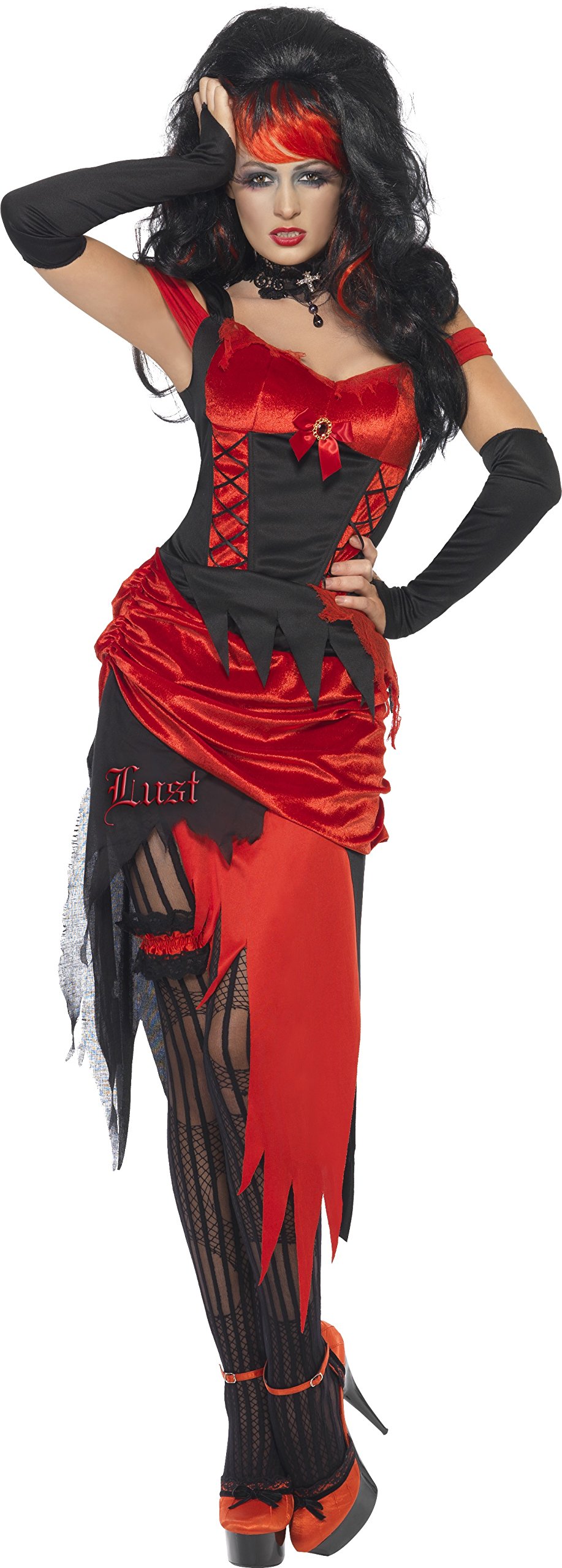 Smiffys Seven Deadly Sins Lust Costume, Red with Dress, Garter and Arm Cuffs, Hlloween 7 Deadly Sins Fancy Dress, Halloween Dress Up Costumes