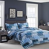 Quilt Set Queen Size Bedspread Coverlet Blue Plaid Patchwork Quilt Bedding Mens Boys Quilts Queen Bed Home Reversible Quilt Bedspread Lightweight Coverlet Soft Microfibers Quilt Set All Season