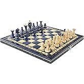 Wooden Folding Chess Set Paris Blueberry Wooden International Board Vintage Carved Pieces - 14"