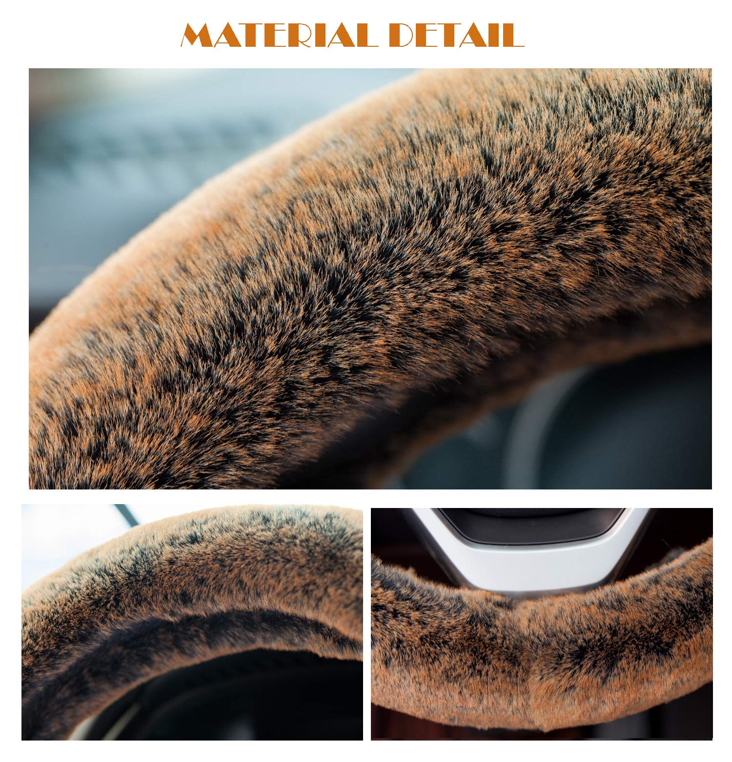 Steering Wheel Cover Winter Warm Faux Wool with Non Slip Rubber Inner Ring Universal 15 Inch for Auto Car SUV (Long Plush, Brown)