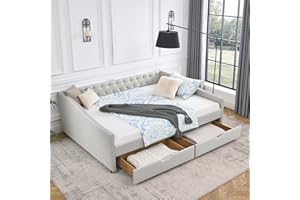 Flieks Queen Size Wood Daybed with Drawers,Queen Upholstered Button Tufted Sofa Bed with Copper Nail on Waved Shape Arms,Beige(84.5"x63.5"x26.5")