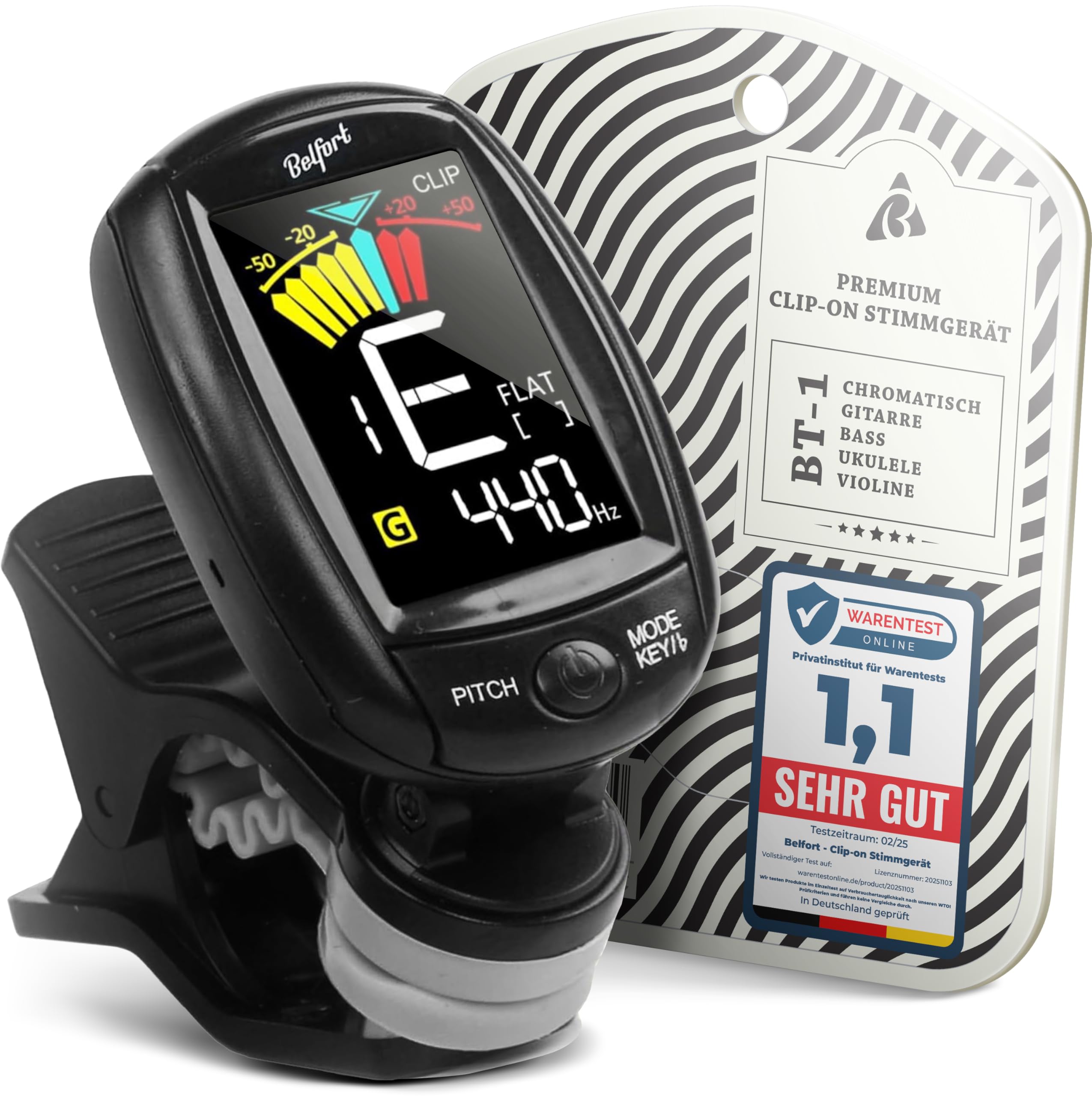 BELFORT® TuneMax Clip-On Tuner für alle Instrumente - Universal-Stimmgerät für Gitarre, Ukulele, Violine, Bass, Saz und Chromatisch (Universal Modus) + eBook (E Gitarren Zubehör, Gitarren Stimmgerät)