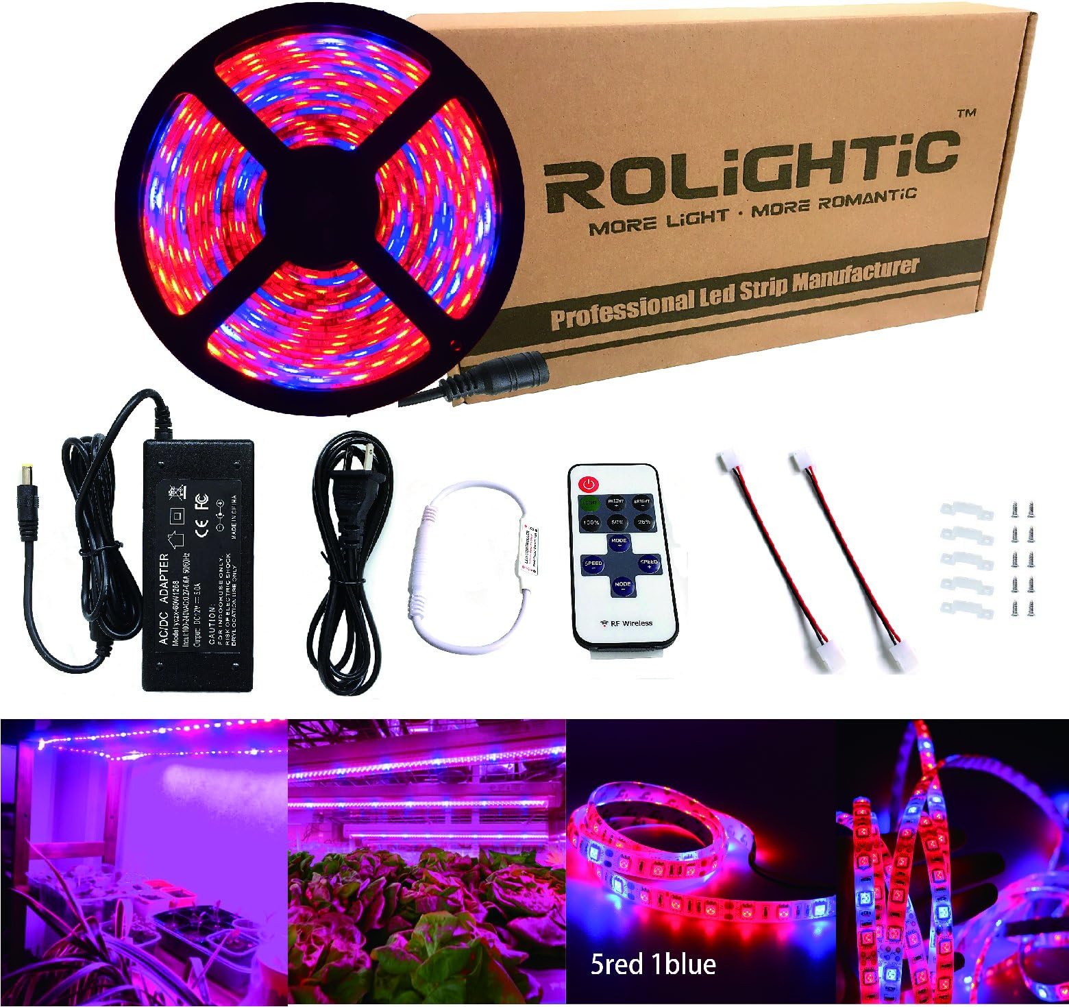 RoLightic 12V Full Spectrum Led Flexible Strip Plant Growing Light Red Blue 5:1 Waterproof IP65 with Power Supply and Remote Wireless Dimmer (Strip + Power + Remote Dimmer)