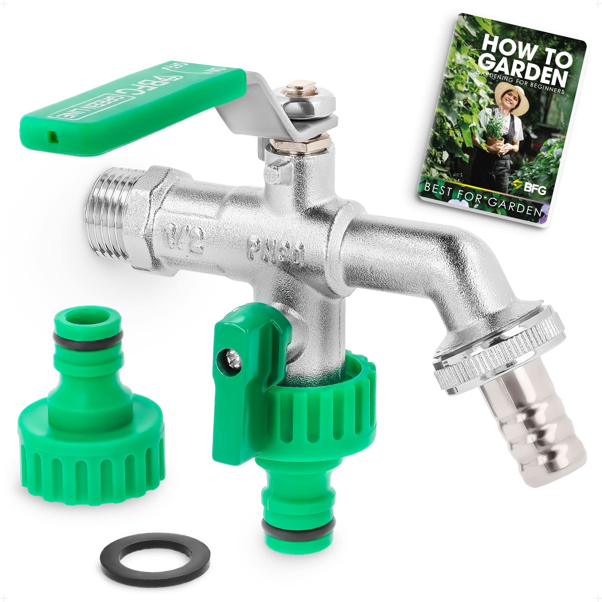 Double Garden Tap with Connector, G1/2 Inch Inlet and Two G3/4 Inch Outlet Outside Taps, Antifreeze -20 ℃, High Temperature Resistance 95 ℃ Double Tap Ball Valve