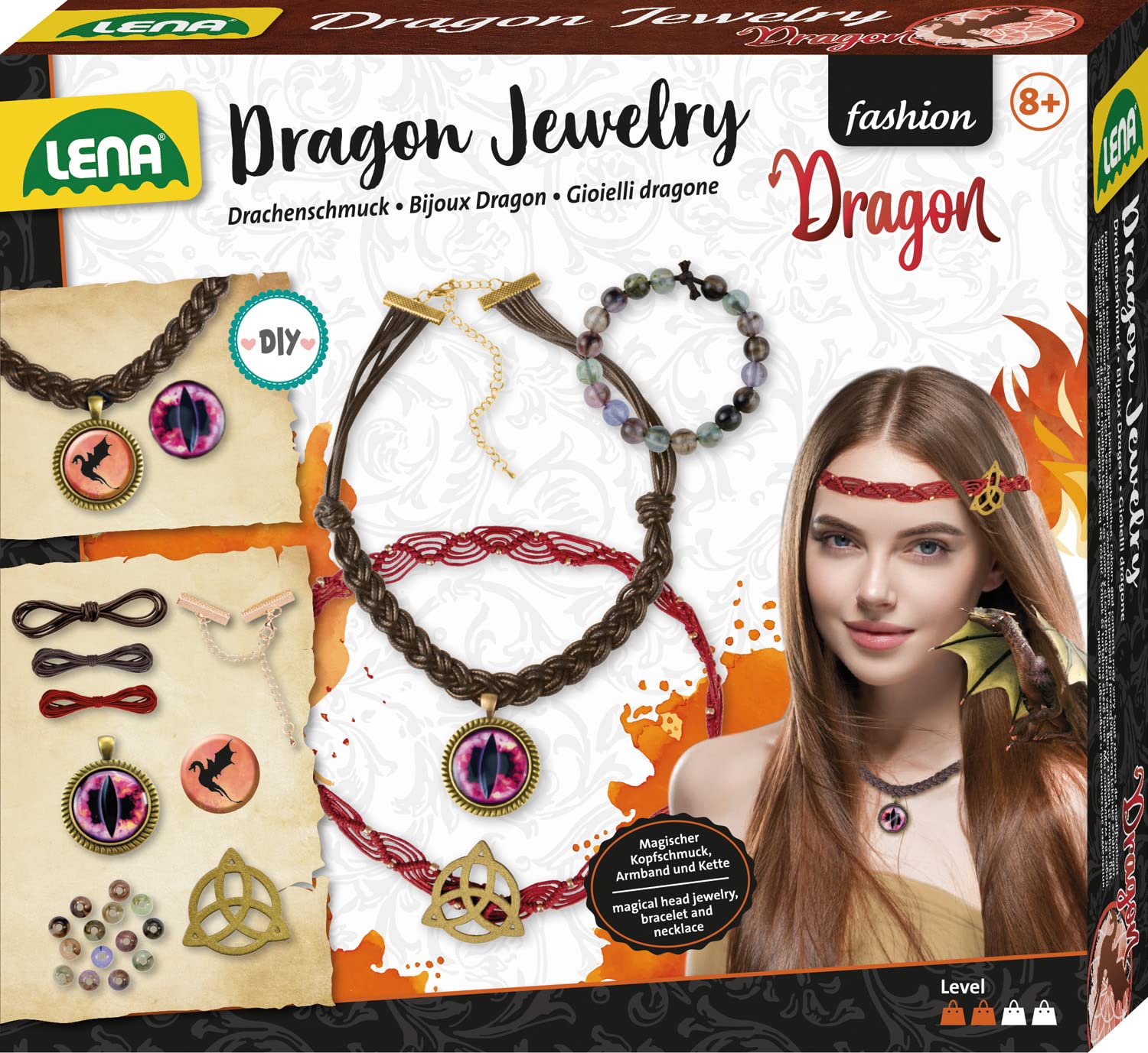 Lena 42303 Dragon Jewels Craft Set, Jewellery Craft Set with Necklace with Amulet, Pearl Bracelet and Magic Hair Accessories, DIY Dragon Jewellery, Fashion Creative Set for Children from 8 Years,