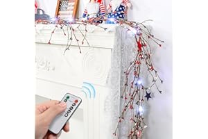 Duraaamo 6 ft LED 4th of July Ring Garland Patriotic Garland Red White and Blue Pentagram Embellished Branches with Battery Operated String Lights for Independence Day Memorial Day Decorations