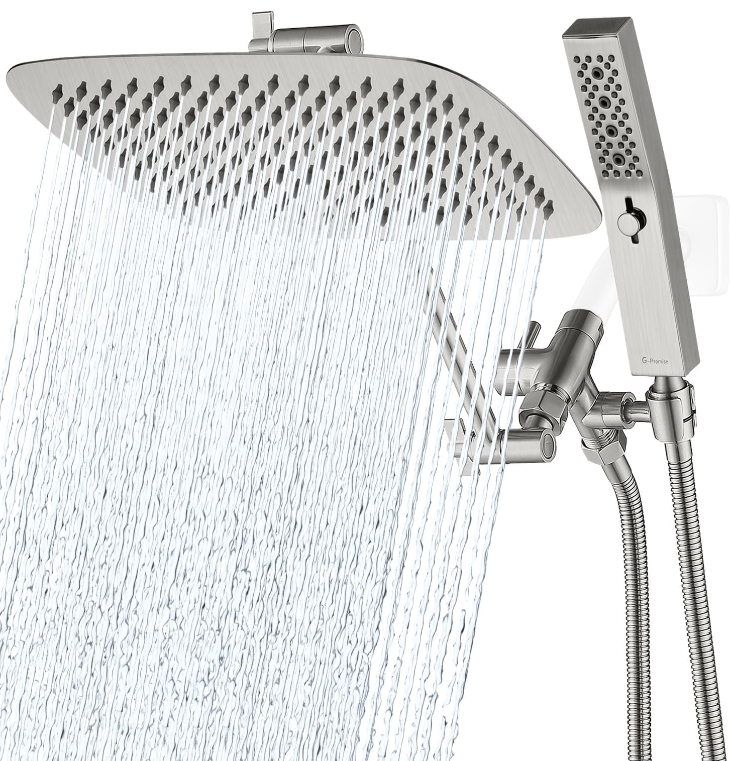Photo 1 of G-Promise All Metal 12 Inch Dual Square Shower Head with Handheld Spray Combo, Rain Shower Head, Adjustable Extension Arm, 3-Way Diverter, 71 Inch Extra Long Hose - A Bathroom Upgrade(Brushed Nickel)
