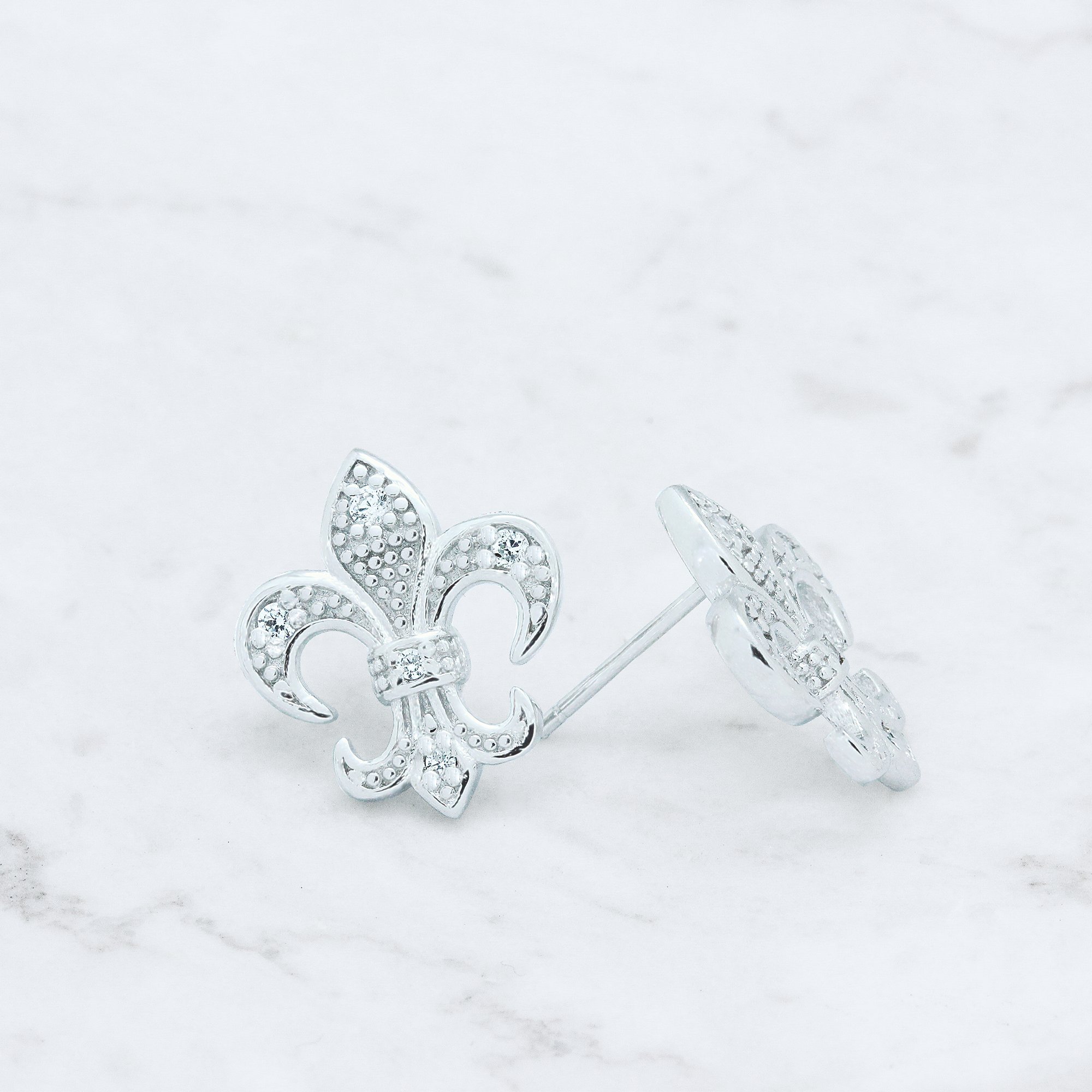 Spoil Cupid Rhodium Plated Sterling Silver Cubic Zirconia the Fleur De Lis Lily Flower Stud Earrings