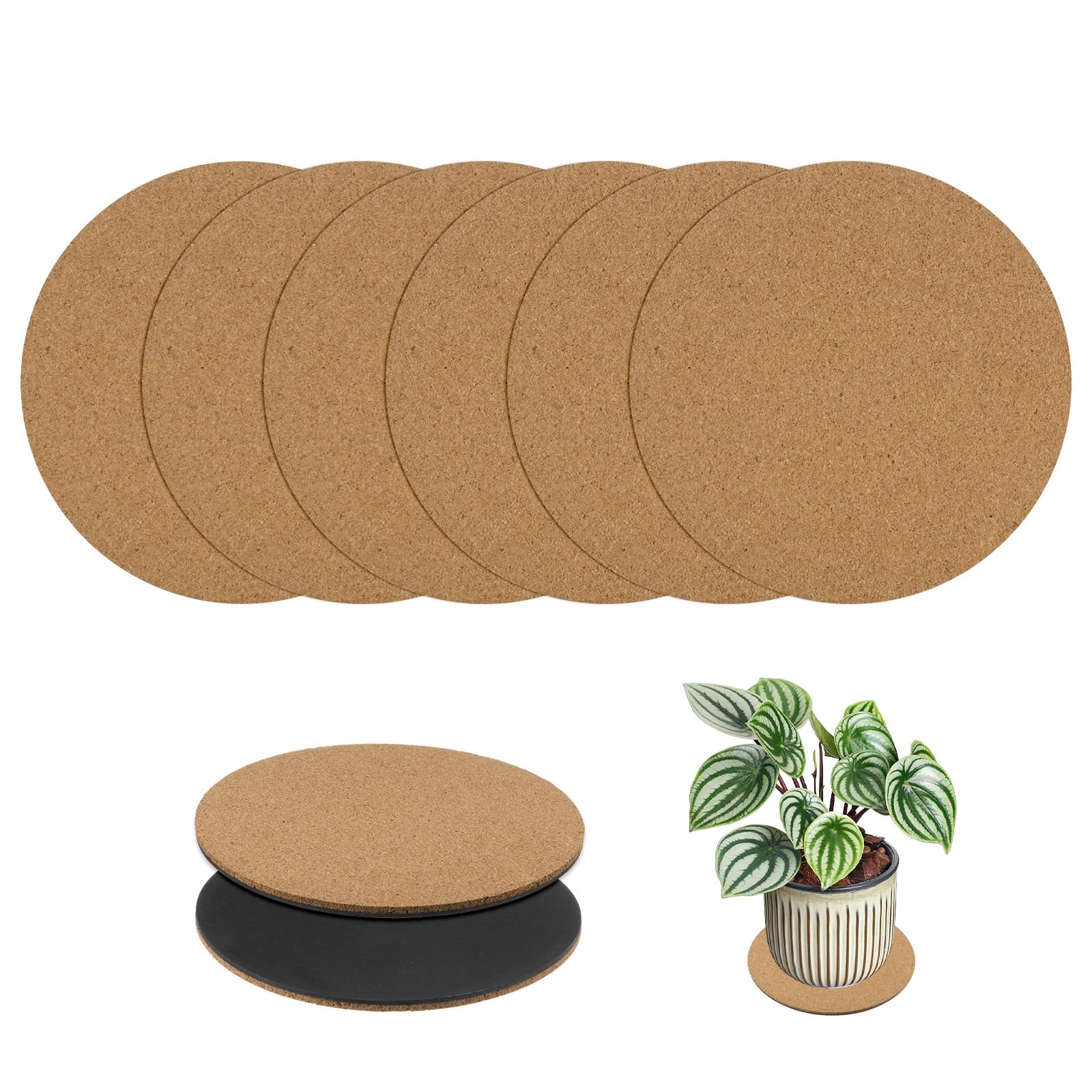 M METERXITY 6-Pack Cork & Plastic Round Wood, Black Plant Coasters, 4 Inch Diameter, 0.2 Inch Thick, Non-Slip, Absorbs Liquids