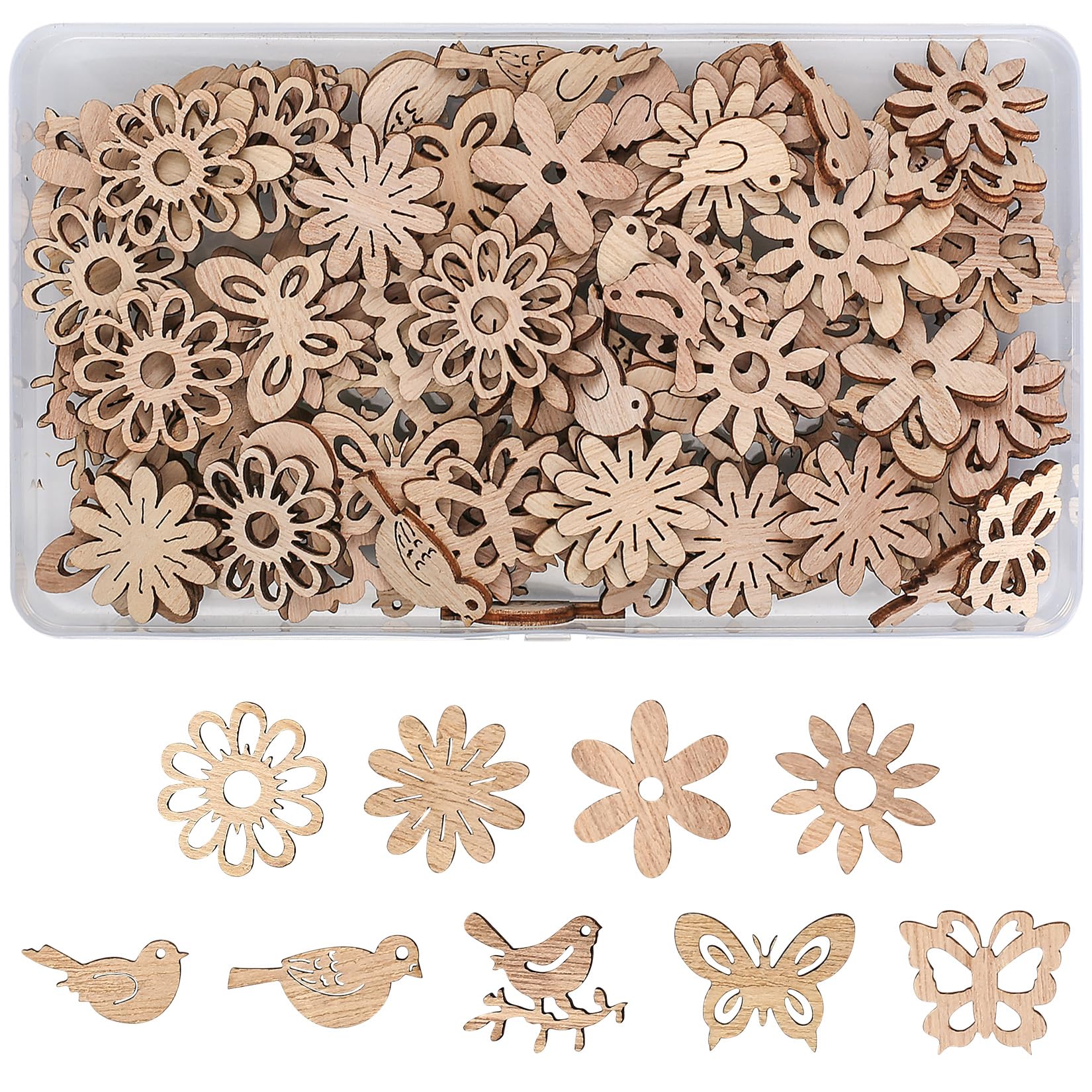 110 Pcs Wooden Shapes for Crafting - Flowers, Butterflies, Birds Embellishments - Unfinished Slices for DIY Card Making, Ornaments, Decorations