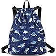 Ryushoyo Children Boy Girl Ocean Shark Print Drawstring Backpack Outdoor Casaul Portable Shoulder Bag Swim Gymsack Sack Pack Dark Blue