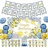 43Pcs Capri Lemon Party Decorations Happy Birthday Banner-Cake Topper-Cupcake Toppers-Balloons-Backdrop for Blue Tiles Yellow Lemon Party supplies