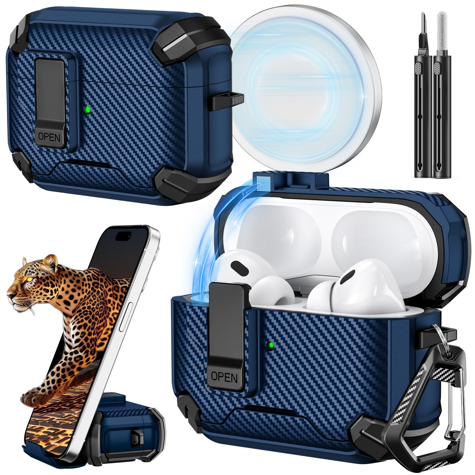 Photo 1 of Inesore Compatible with AirPods Pro 2nd/1st Generation Case Cover with Phone Stand & Cleaning Kit,Compatible with Magsafe,Magnetic Automatic Lock for iPod Pro Charging Case(USB-C/Lightning Cable)