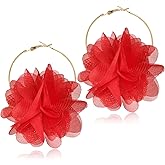 DAMLENG Lightweight Bohemian Big Fabric Flowers Dangle Drop Earrings Handmade Charm Chic Petal Hoop Earrings with Chiffon Floral Tassel for Women Vacation Wedding