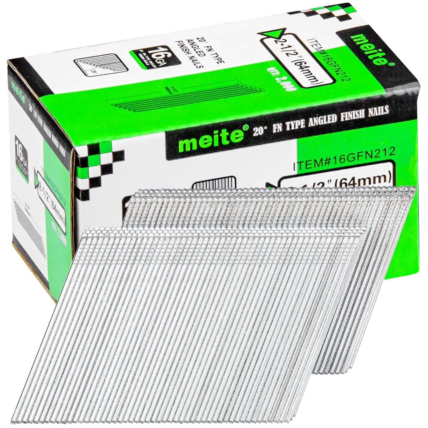 meite 16 Gauge Angled Finish Nails, 64mm Galvanised Angled Nails for Finish Nail Guns, 16GA 20 Degree Angled Nails for Carpentry & Interior Trim – 2,000 Pack