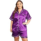 Vozanet Women's Short Sleeve Satin Pajama Sets Silky Ladies Button Down Loungewear Plus Size Nighty Shorts Sets XL to 5XL