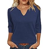 JomeDesign Womens Tops 3/4 Sleeve Shirts V Neck Loose Casual Blouses Solid Color Tshirts