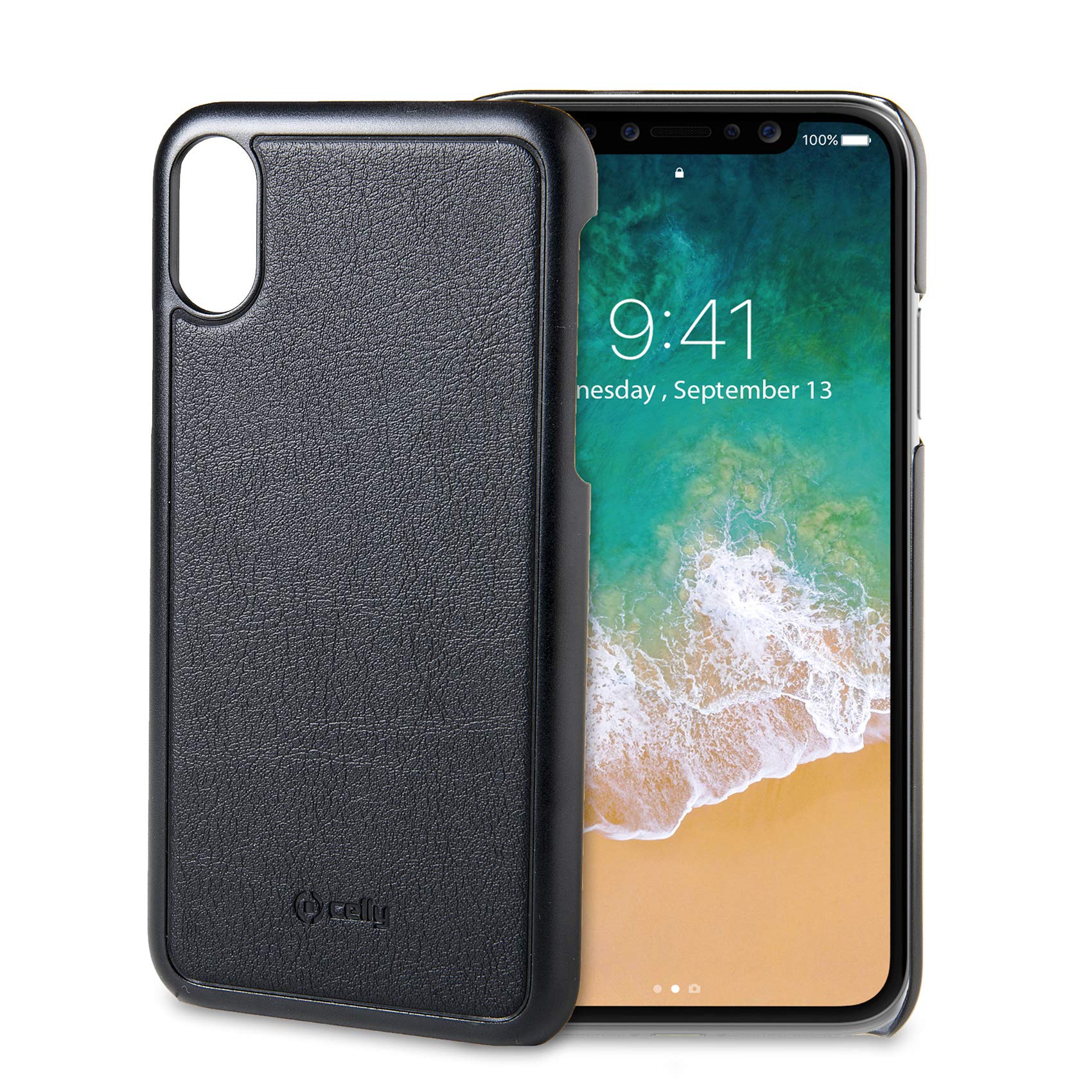 Celly Magnetic Case for iPhone X/XS, Magnetic Case with Polycarbonate Edges and Synthetic Leather Texture, Black