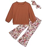 mikiumkee Toddler Girl Clothes Crewneck Long Sleeve Top+Floral Flared Pants Bell Bottom Outfits with Headband 1-6T