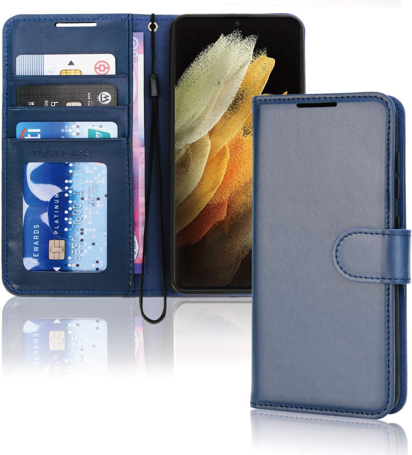 TECHGEAR Galaxy S21 Ultra Leather Wallet Case, Flip Protective Case Cover with Wallet Card Holder, Stand and Wrist Strap