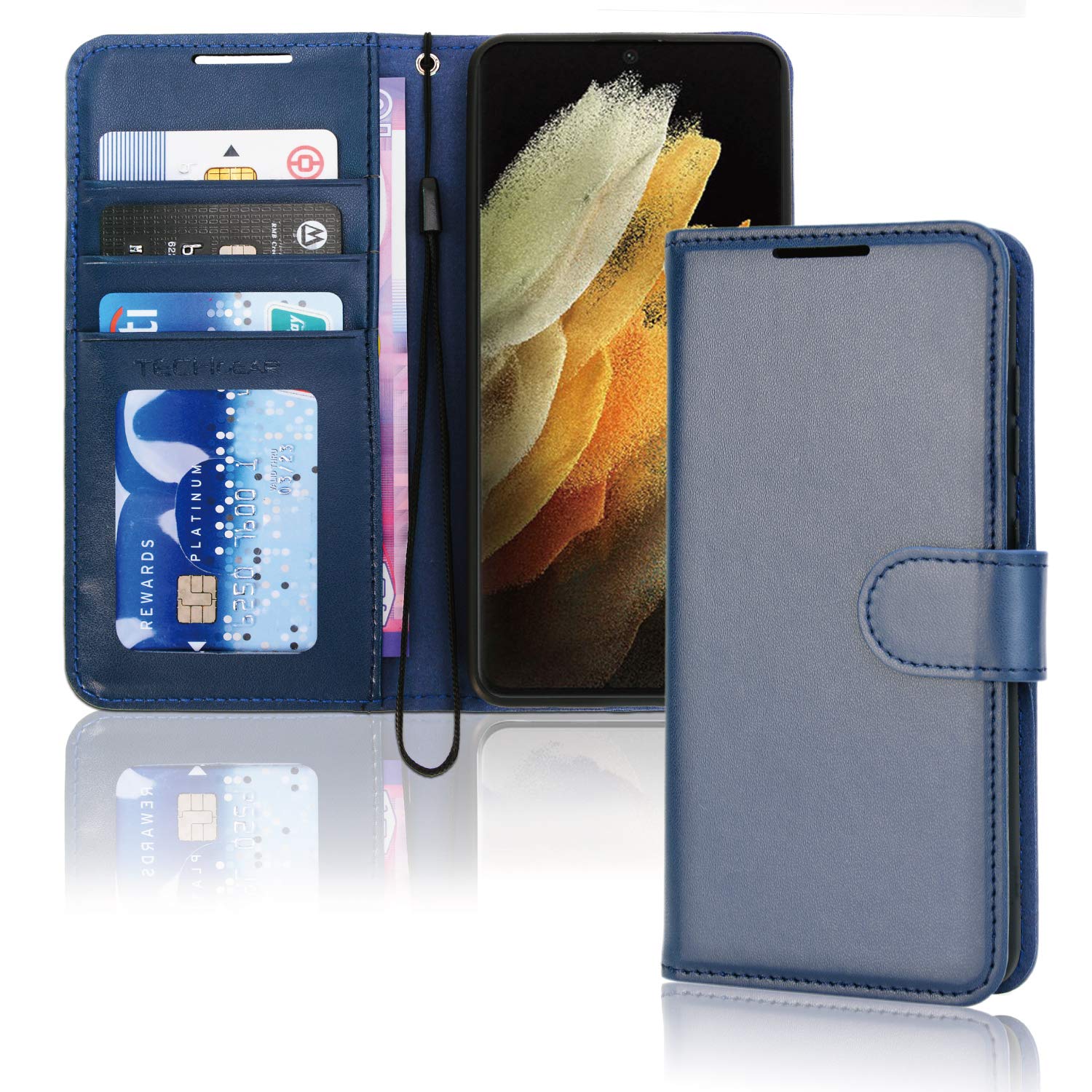 TECHGEAR Galaxy S21 Ultra Leather Wallet Case, Flip Protective Case Cover with Wallet Card Holder, Stand and Wrist Strap - Navy Blue PU Leather with Magnetic Closure Designed For Samsung S21 Ultra /5G